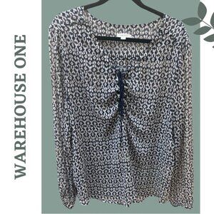 Warehouse One Women's Lightweight Long Sleeve Loose Fit Blue Patterned Top XXXL
